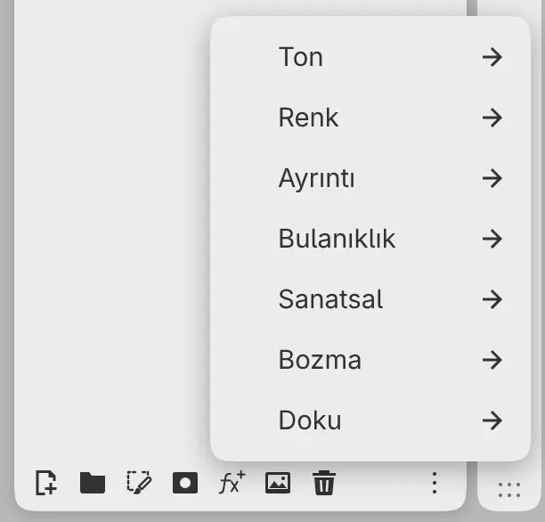 Katmanlar panelinin altından açılan Filtre ekle menüsü.