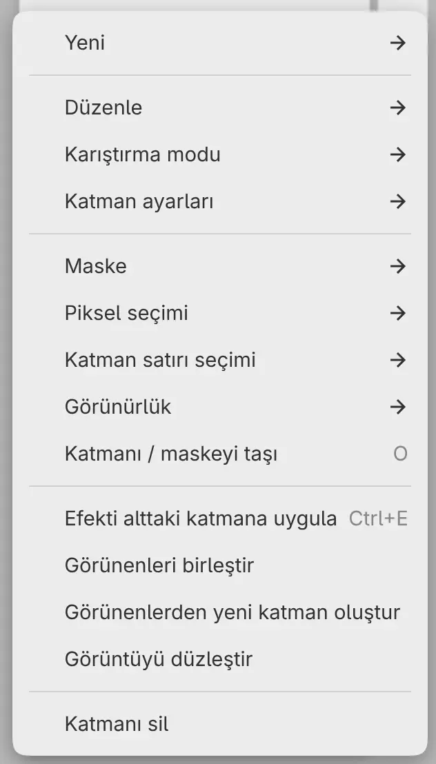 Efekti alttaki katmana uygula komutunu içeren bir filtrenin katman menüsü.