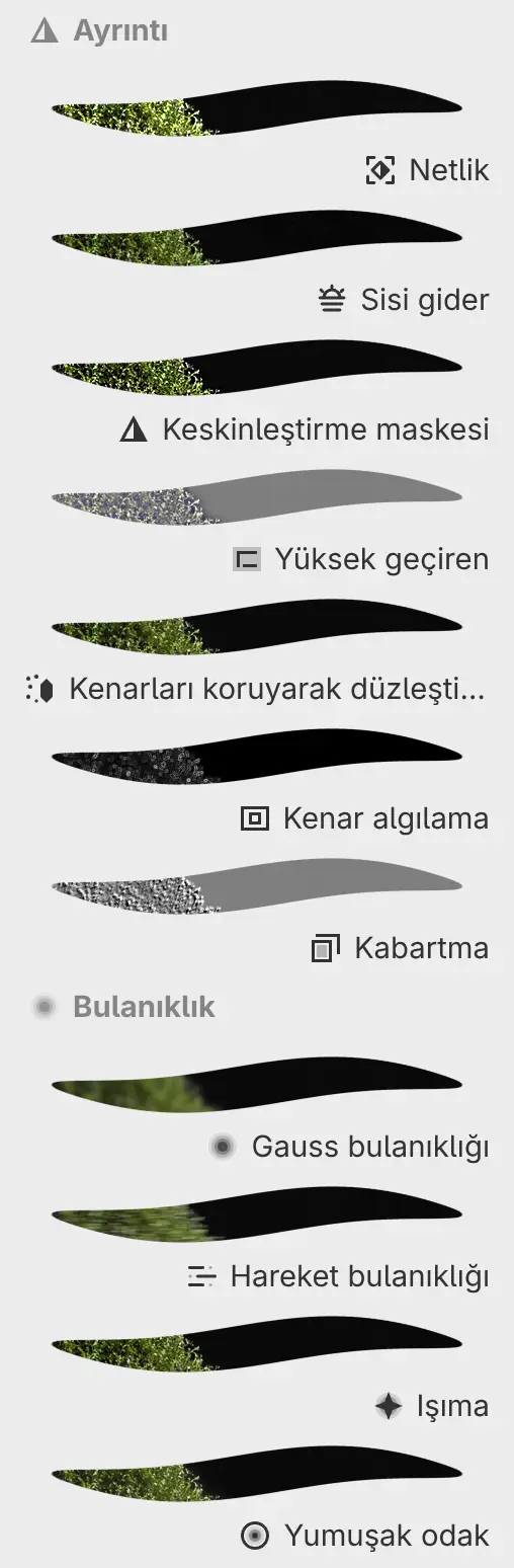 Her filtrenin önizlemesiyle Ayrıntı ve Bulanıklık kategorilerini gösteren Filtreler paneli.