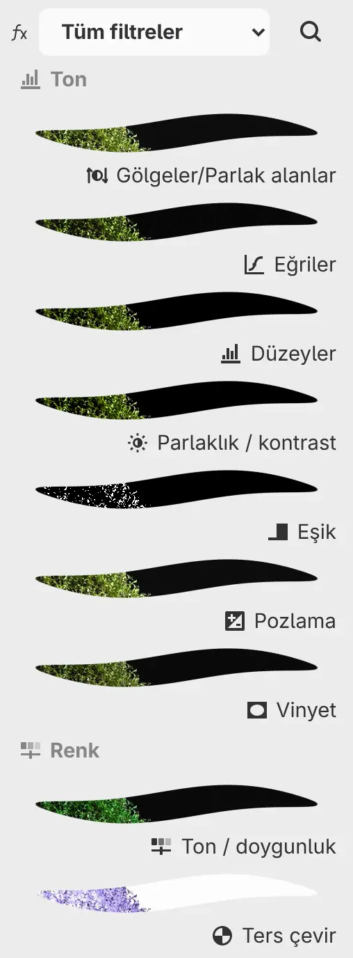 Kategori menüsü, arama düğmesi ve önizlemeli filtre satırlarıyla Filtreler paneli.