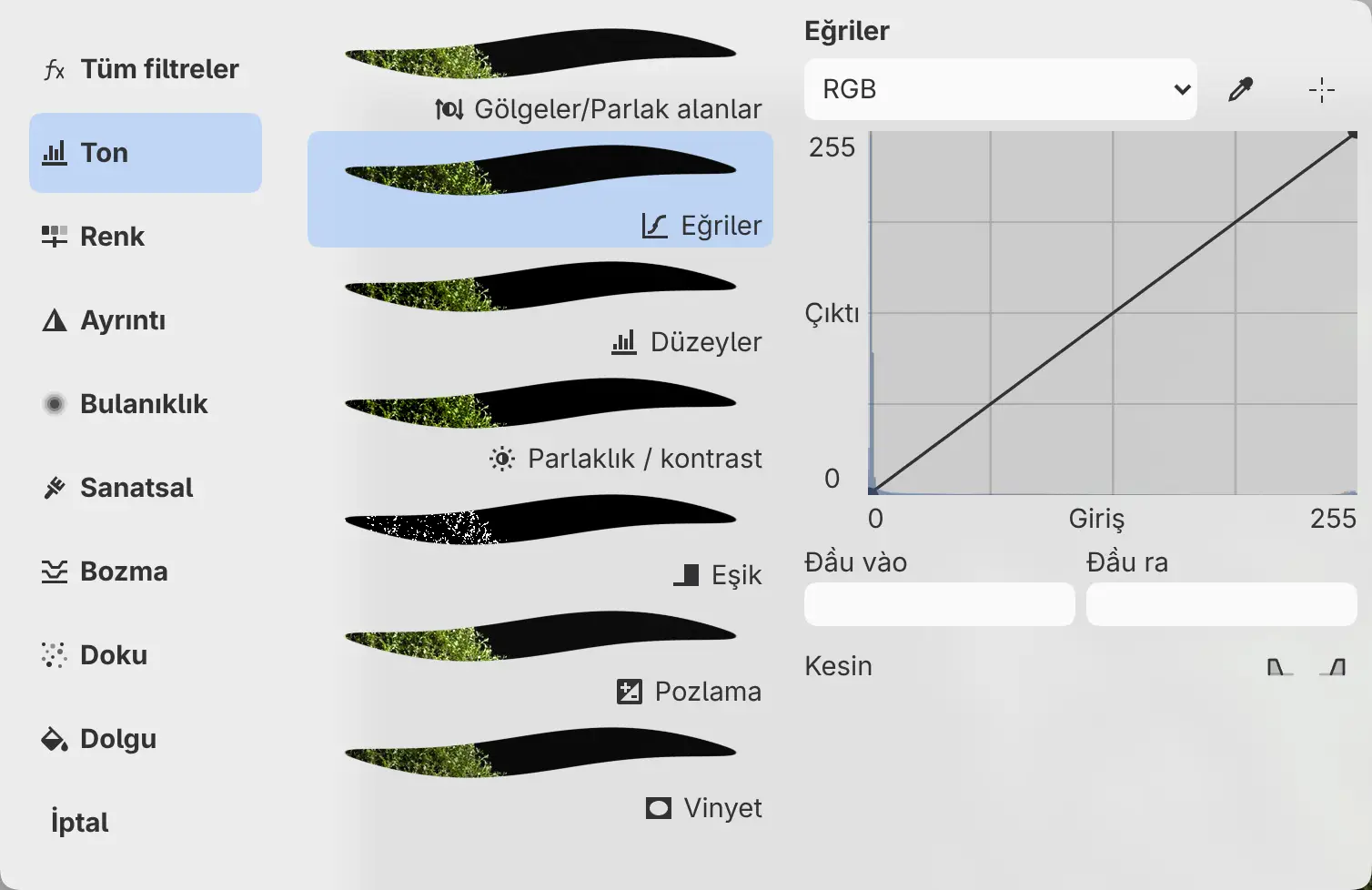 Filtre türü, Filtreler ve Özellikler sütunlarıyla Eskiz Filtreler çekmecesi.
