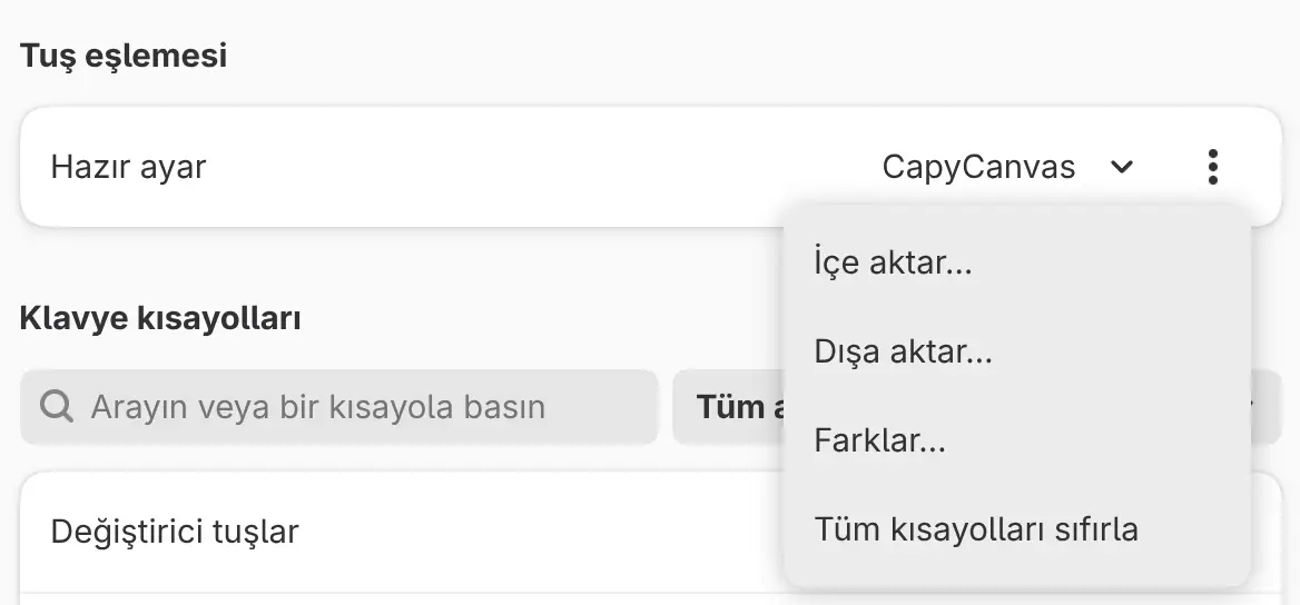 Tuş eşlemesi seçenekleri menüsü.