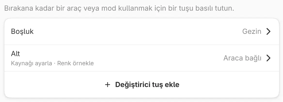 Boşluk ve Alt ile Değiştirici tuşlar kategorisi.