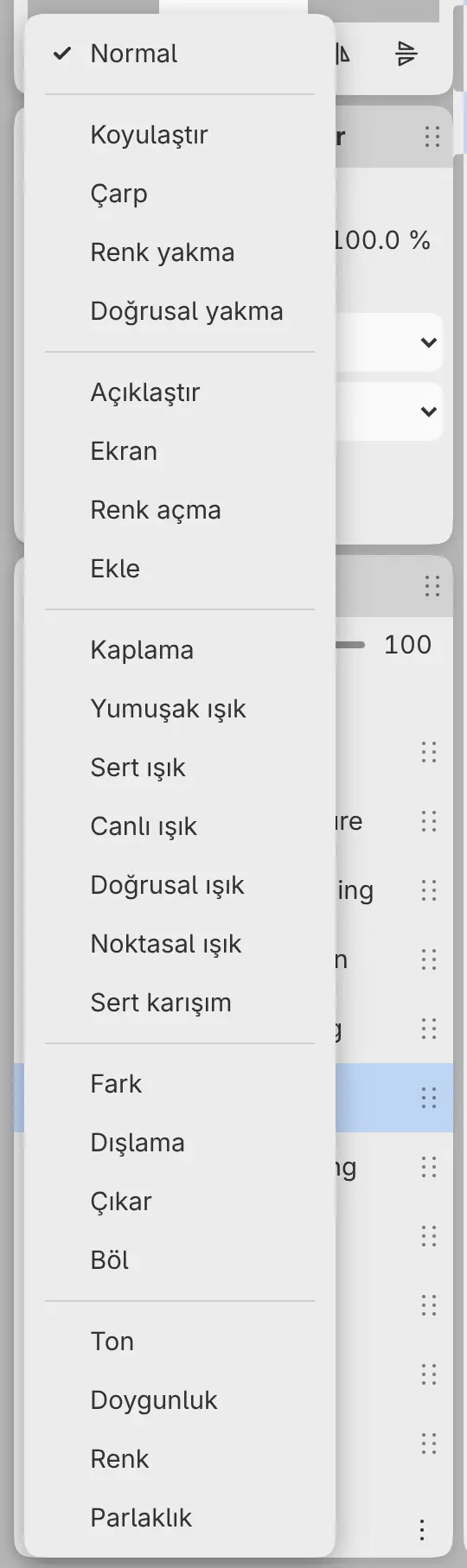 Katmanlar panelinin üstünde açık karıştırma menüsü, Normal işaretli.