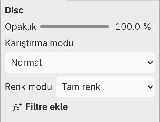Opaklık, Karıştırma modu ve Renk modu ayarlarıyla bir boya katmanının Özellikler paneli.
