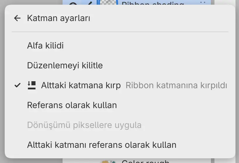 Ribbon shading katmanının Katman ayarları alt menüsü; Alttaki katmana kırp işaretli ve sağda “Ribbon katmanına kırpıldı” yazıyor.