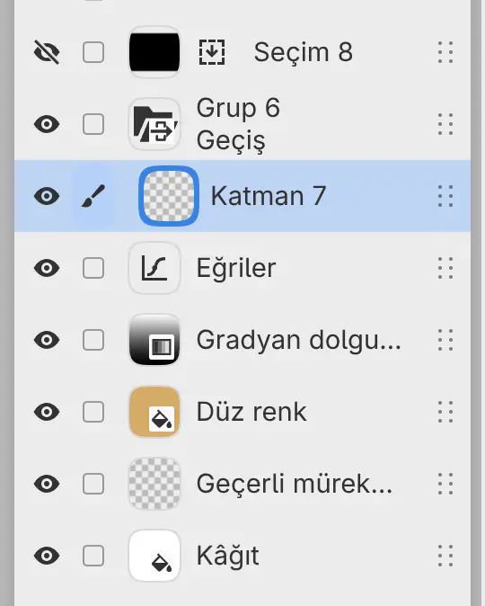 Bir seçim katmanı, Geçiş ayarlı bir grup, bir Eğriler filtresi, bir Gradyan dolgusu katmanı, bir Düz renk katmanı, Geçerli mürekkep boya katmanı ve Kâğıt ile Katmanlar paneli.