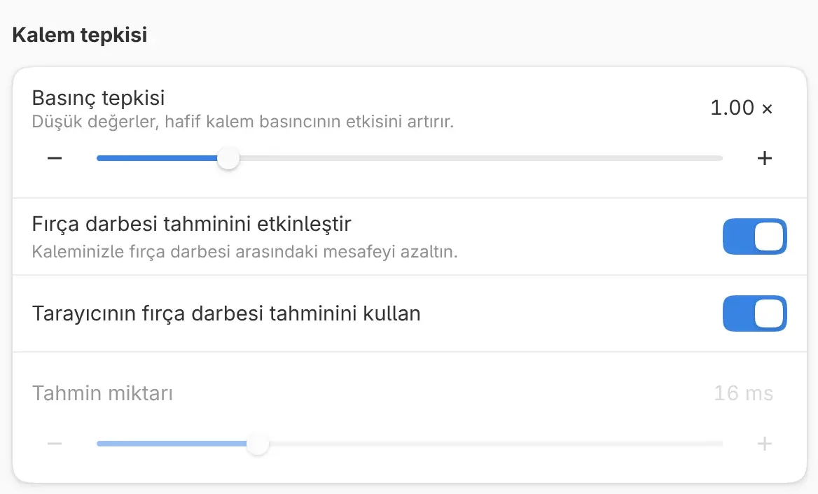 Kalem tepkisi ayarları.