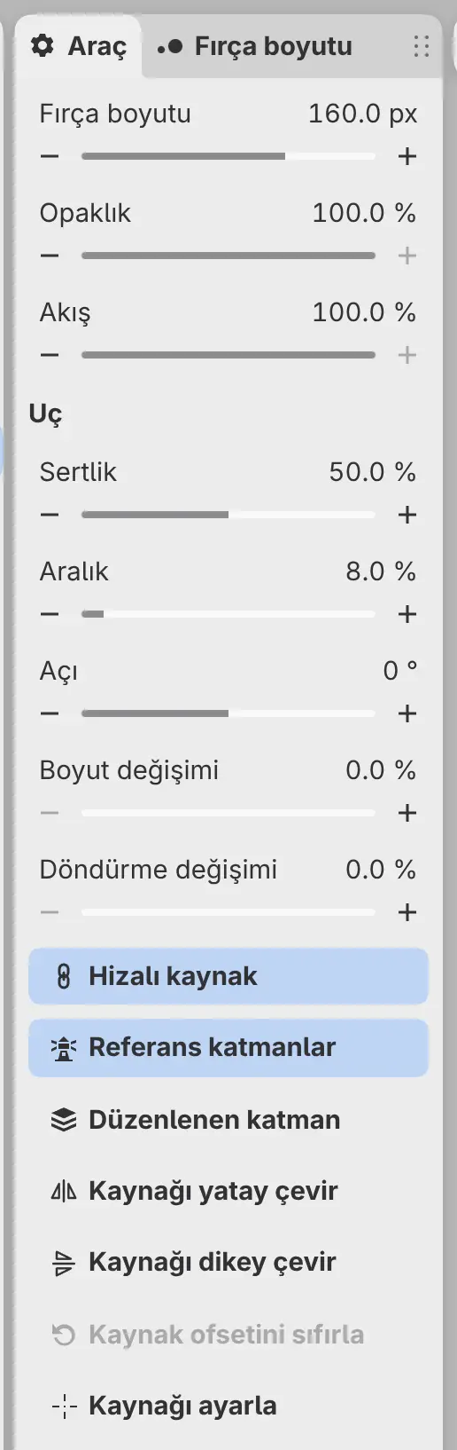 Fırça ayarları ve kaynak ayarlarıyla Klonlama damgası için Araç paneli.