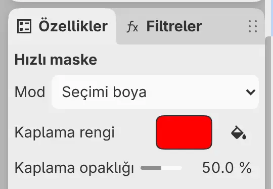 Mod, Kaplama rengi ve Kaplama opaklığı ayarlarıyla Hızlı maske için Özellikler paneli.