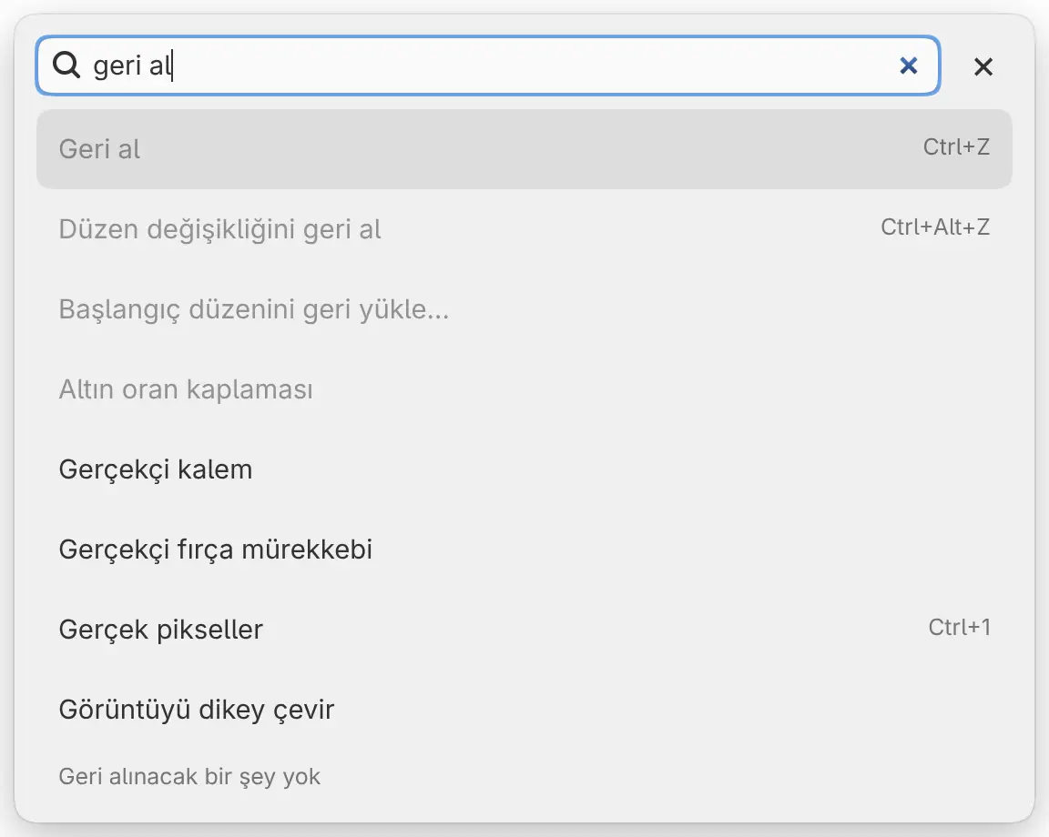 “undo” sorgusuyla komut arama: Geri al satırı soluk, altta “Geri alınacak bir şey yok” yazıyor.