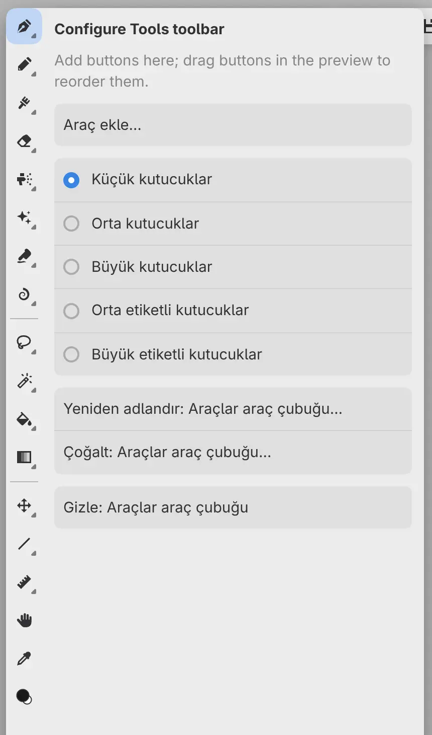 Yapılandırma sütunuyla Araçlar çubuğu.