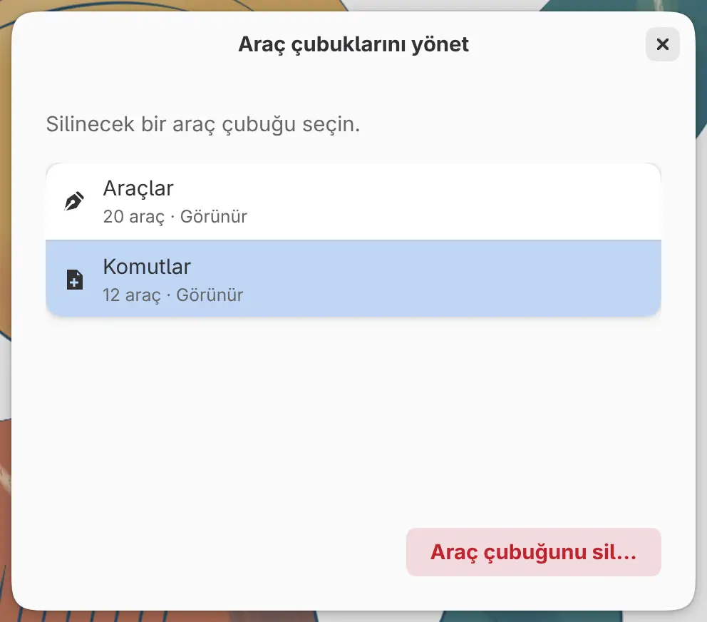 Bir araç çubuğunun seçili olduğu Araç çubuklarını yönet iletişim kutusu.