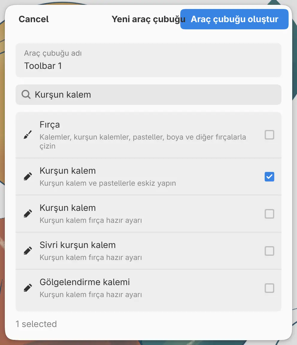 Bir aracın seçili olduğu Yeni araç çubuğu iletişim kutusu.