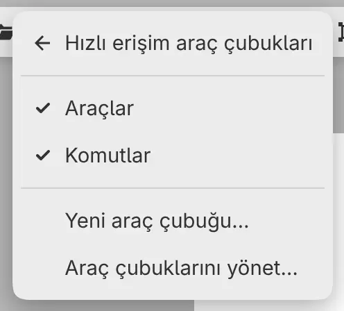 Pencere menüsünün Hızlı erişim araç çubukları alt menüsü.