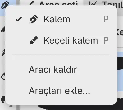 Aracı kaldır ve Araçları ekle… öğelerini içeren bir araç menüsü.