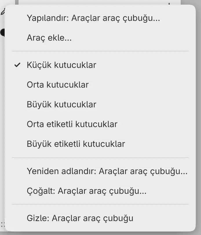Kutucuk boyutlarını içeren araç çubuğu menüsü.