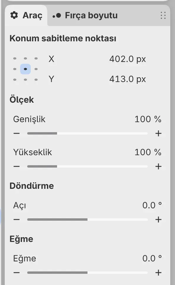 Dönüştürme sırasında Konum sabitleme noktası, Ölçek, Döndürme ve Eğme ile Araç paneli.