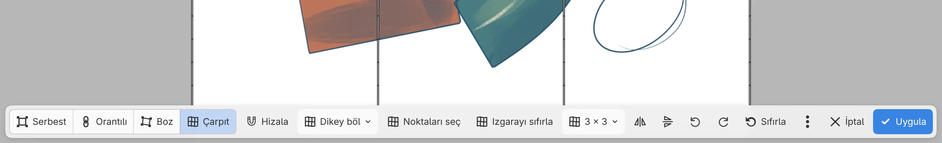 Çarpıt modunda Izgarayı böl, Noktaları seç, Izgarayı sıfırla ve Izgara ile tuval çubuğu.
