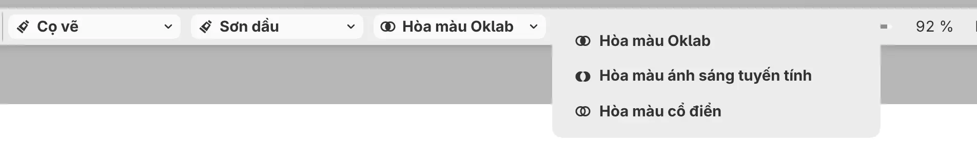 Trình đơn Hòa màu đang mở trên thanh Tùy chọn công cụ cho Cọ sơn dầu đẫm.
