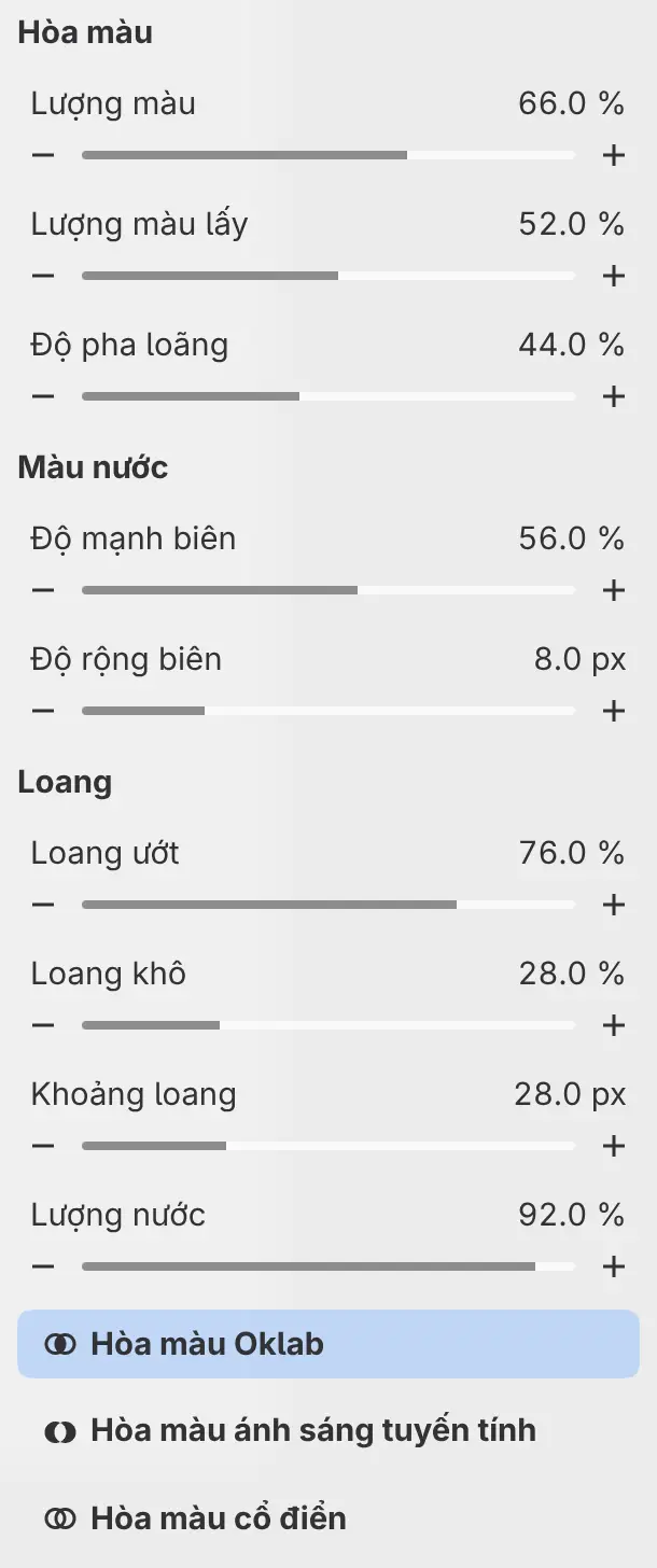 Bảng Công cụ cho Màu nước ướt với các nhóm Hòa màu, Màu nước và Loang cùng các nút hòa màu.