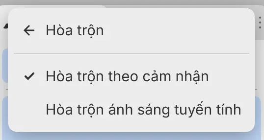 Trình đơn Chỉnh sửa với trình đơn con Hòa trộn đang mở và Hòa trộn theo cảm nhận được đánh dấu.