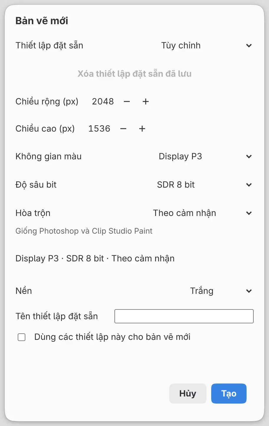 Hộp thoại Bản vẽ mới với Không gian màu đặt là Display P3, Độ sâu bit, Hòa trộn và dòng tóm tắt.