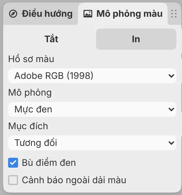 Bảng Mô phỏng màu ở trang In với Adobe RGB (1998) được chọn làm hồ sơ màu.