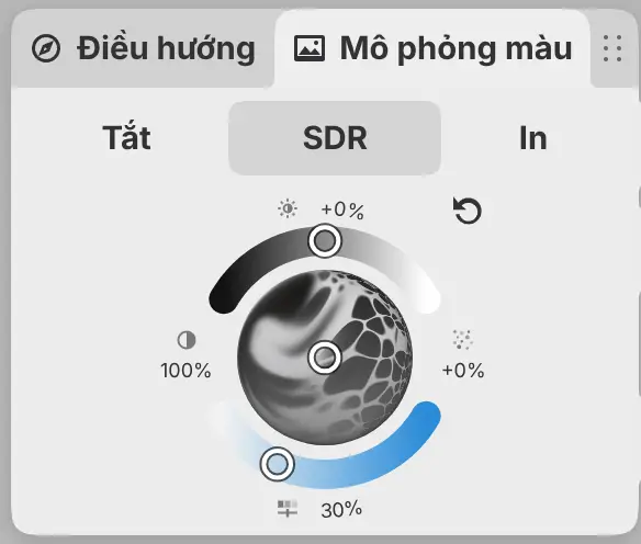 Trang SDR của bảng Mô phỏng màu với núm xoay cho cân bằng, tương phản, độ sáng và cường độ màu.