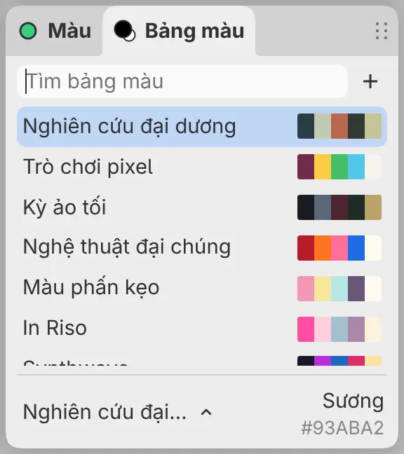 Danh sách bảng màu với ô tìm kiếm, nút + cùng tên và các màu của từng bảng màu.