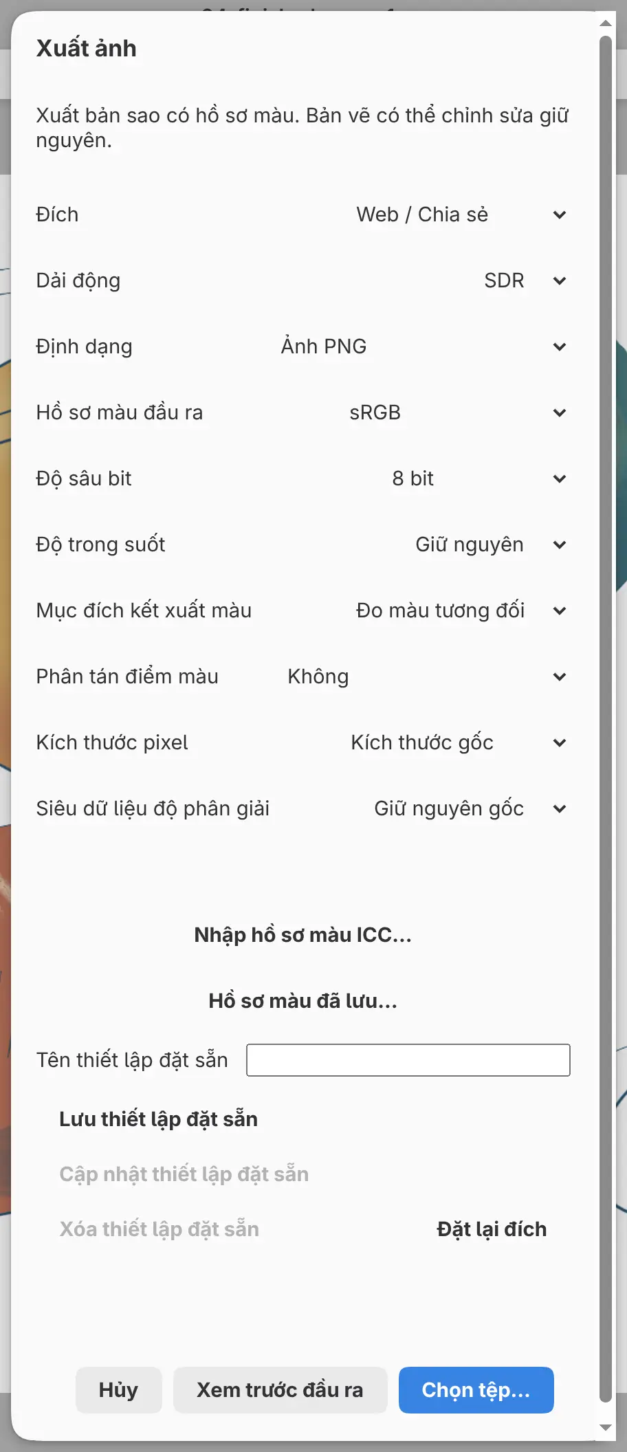 Hộp thoại Xuất ảnh với Đích đặt là Web / Chia sẻ.
