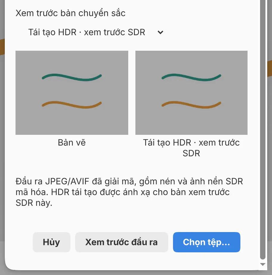 Hộp thoại Xuất ảnh cho bản vẽ HDR với HDR JPEG · bản đồ độ tăng, sau khi chọn Xem trước đầu ra.