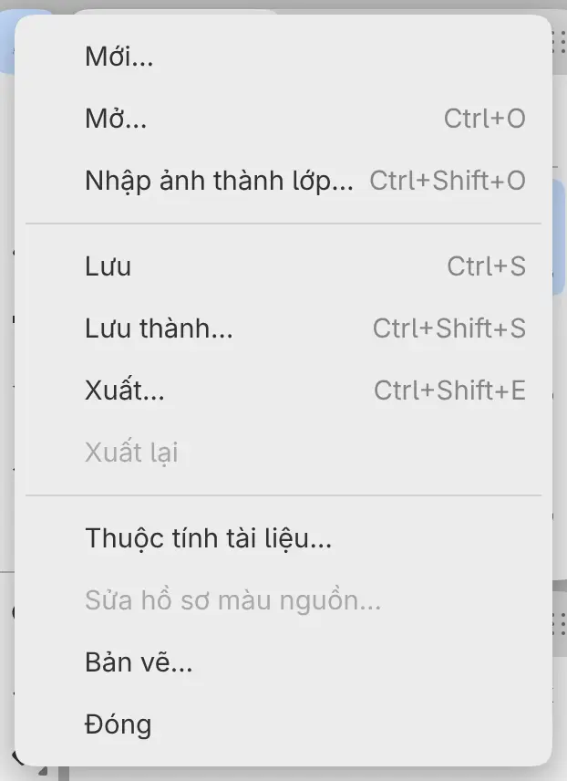 Trình đơn Tệp với Mới…, Mở…, Lưu, Lưu thành… và Xuất….