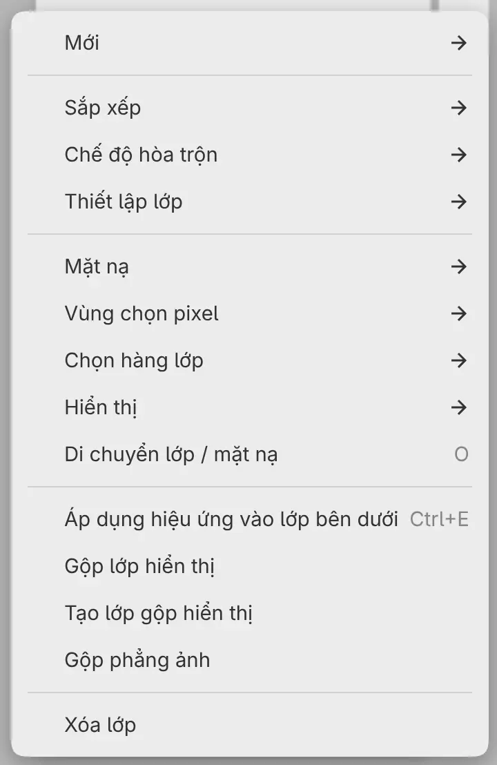 Trình đơn lớp của một bộ lọc với Áp dụng hiệu ứng vào lớp bên dưới.