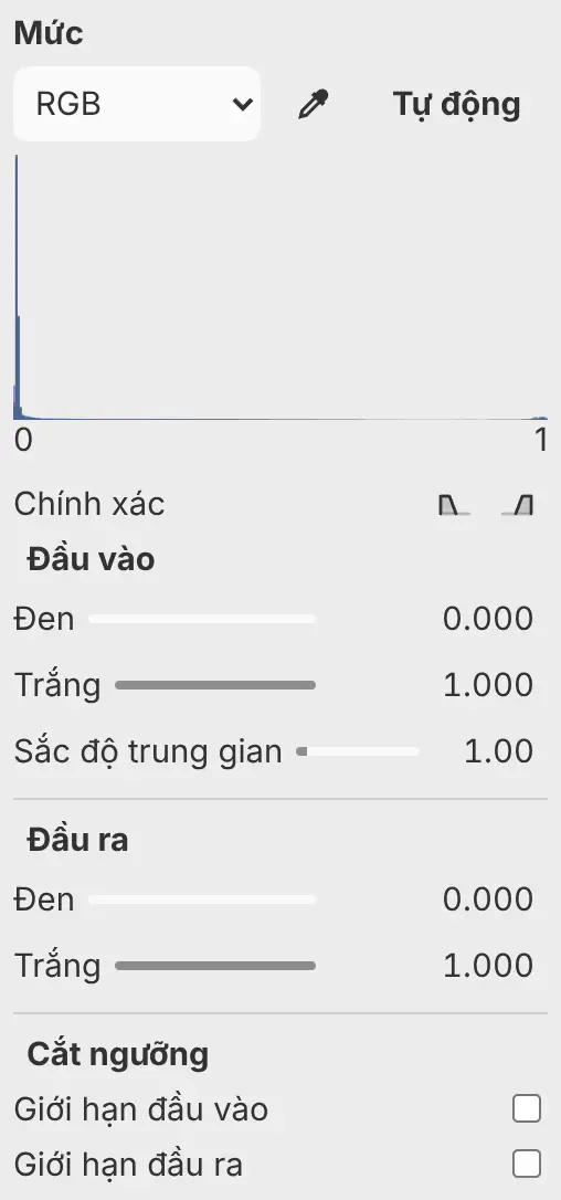 Bảng Thuộc tính của Mức với biểu đồ phân bố, Tự động, Lấy mẫu điểm, và các thiết lập Đầu vào, Đầu ra và Cắt ngưỡng.