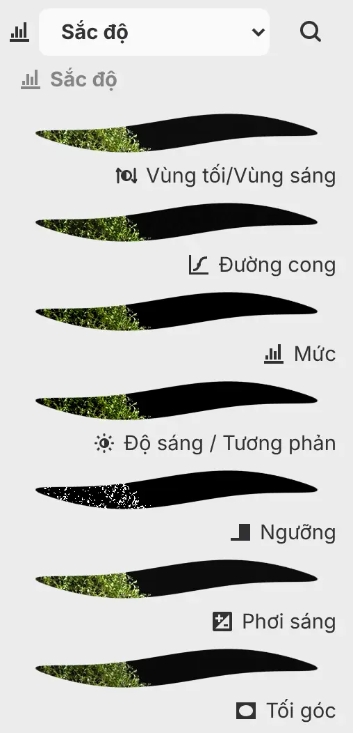 Bảng Bộ lọc hiện danh mục Sắc độ với bản xem trước của từng bộ lọc.
