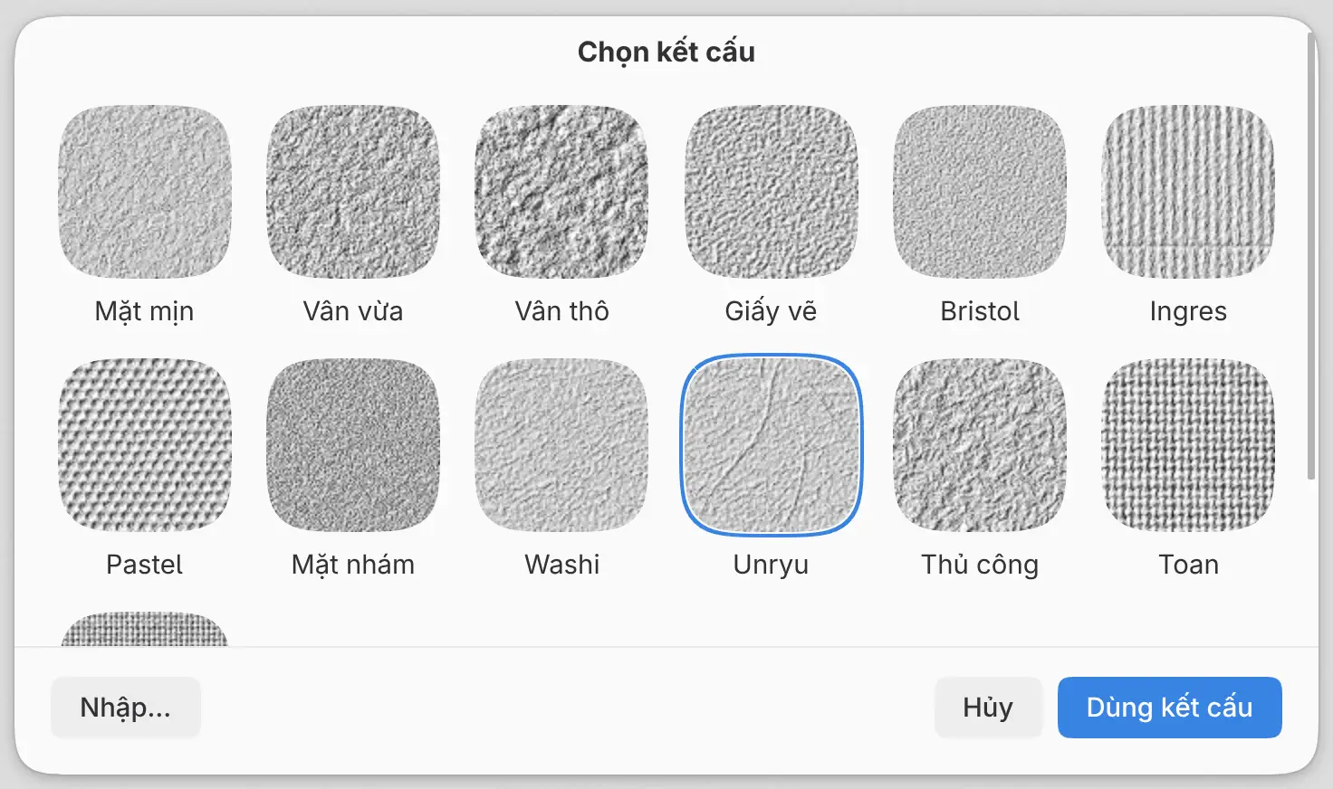 Các loại giấy có sẵn trong Chọn kết cấu.