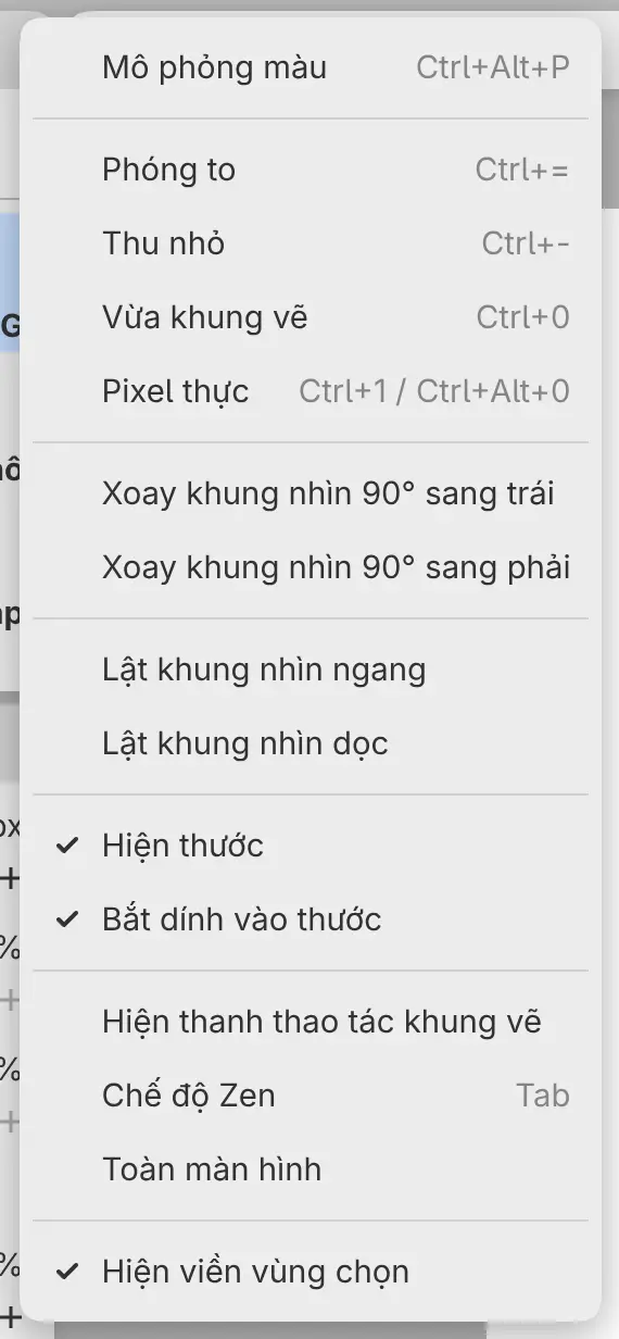 Trình đơn Hiển thị với các lệnh thu phóng, xoay và lật.