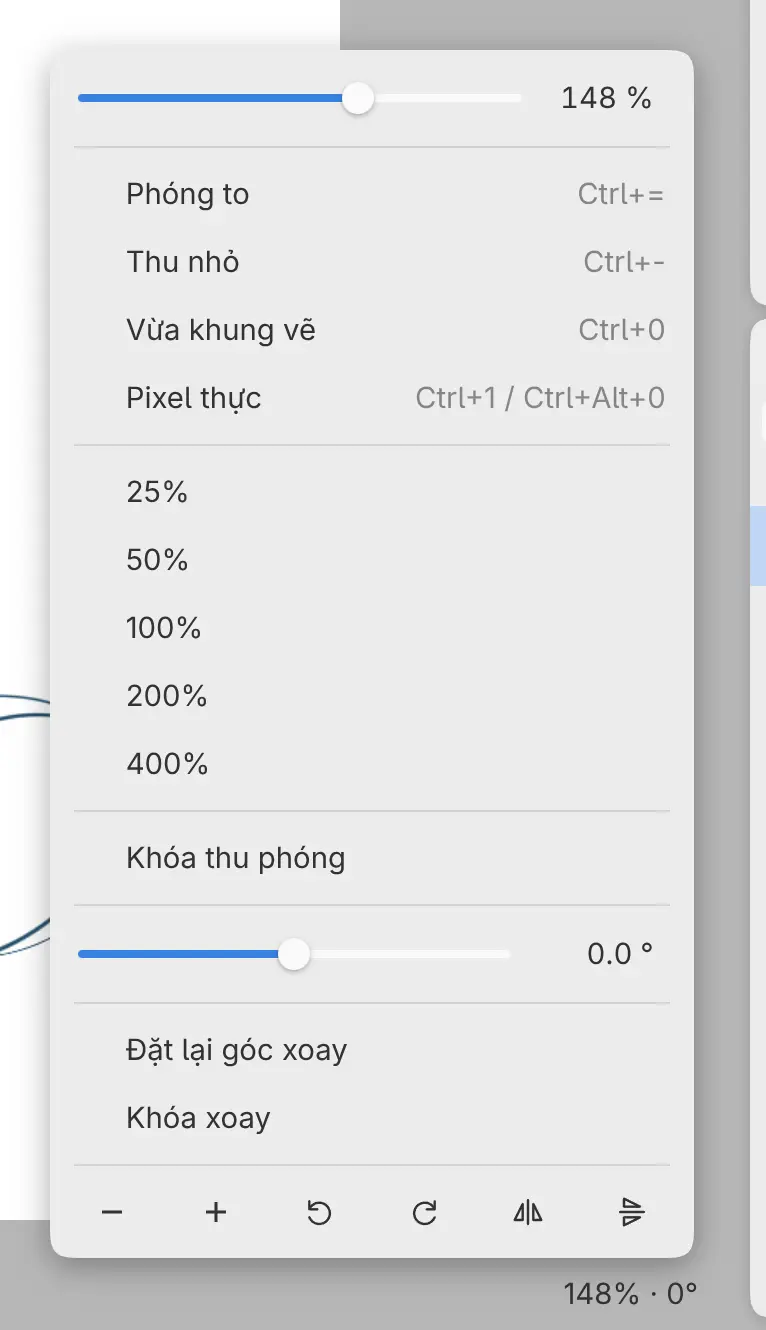 Chỉ số thu phóng ở chân trang với trình đơn đang mở.