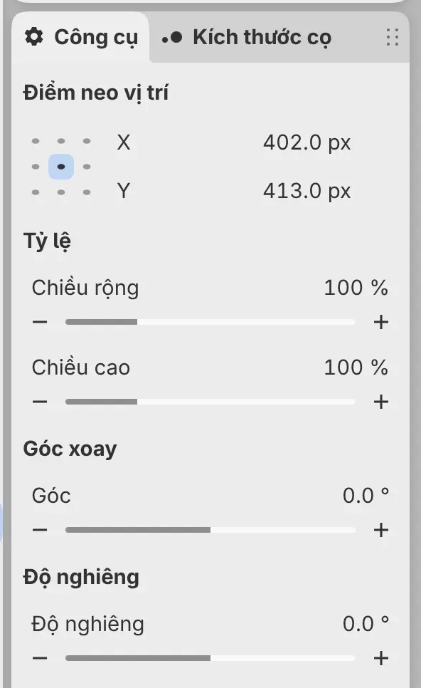 Bảng Công cụ khi biến đổi, với Điểm neo vị trí, Tỷ lệ, Góc xoay và Độ nghiêng.