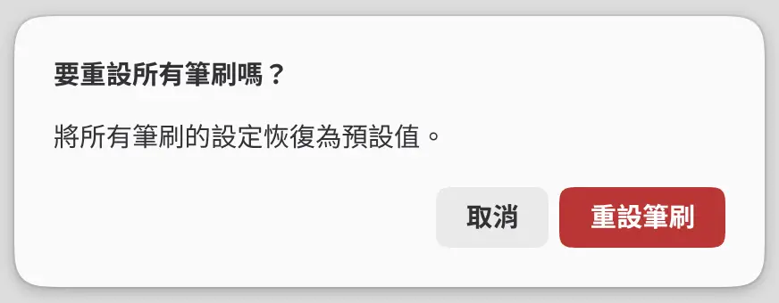 「重置所有筆刷嗎?」對話方塊,帶有重置筆刷按鈕。