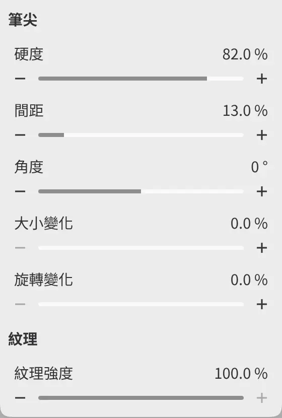 鉛筆的工具設定面板,包含筆尖分組和紋理分組。