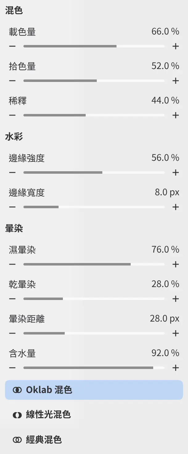 濕水彩的工具設定面板,包含混色、水彩和暈染分組以及混色按鈕。