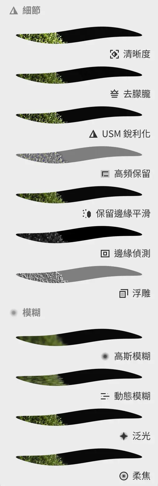 濾鏡面板顯示細節和模糊類別,每個濾鏡都有預覽。