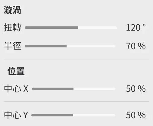 旋渦的屬性面板,包含扭轉、半徑和位置設定。