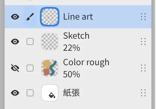 圖層面板,Line art 位於不透明度為 22% 的 Sketch 上方,Color rough 已隱藏。