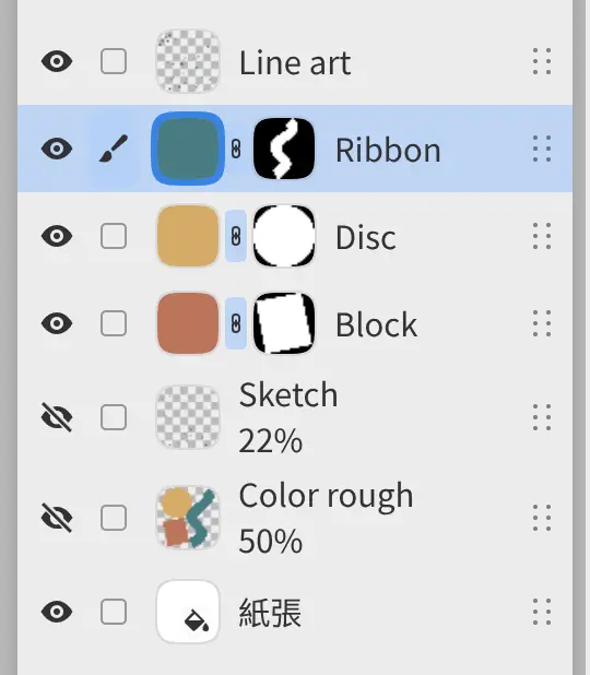 圖層面板,Line art 下方是 Ribbon、Disc 和 Block,每個都有遮罩縮圖。