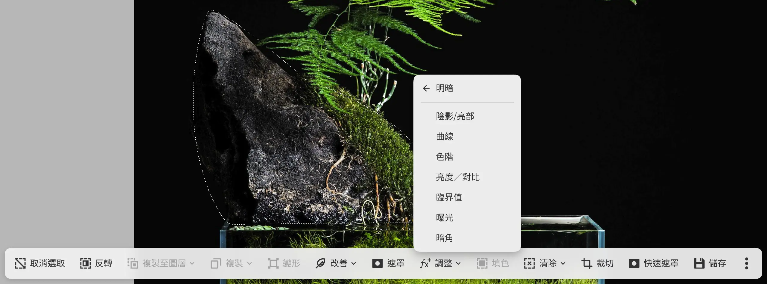 選取範圍操作欄,調整選單已開啟並顯示明暗類別,位於石頭周圍的選取範圍旁邊。