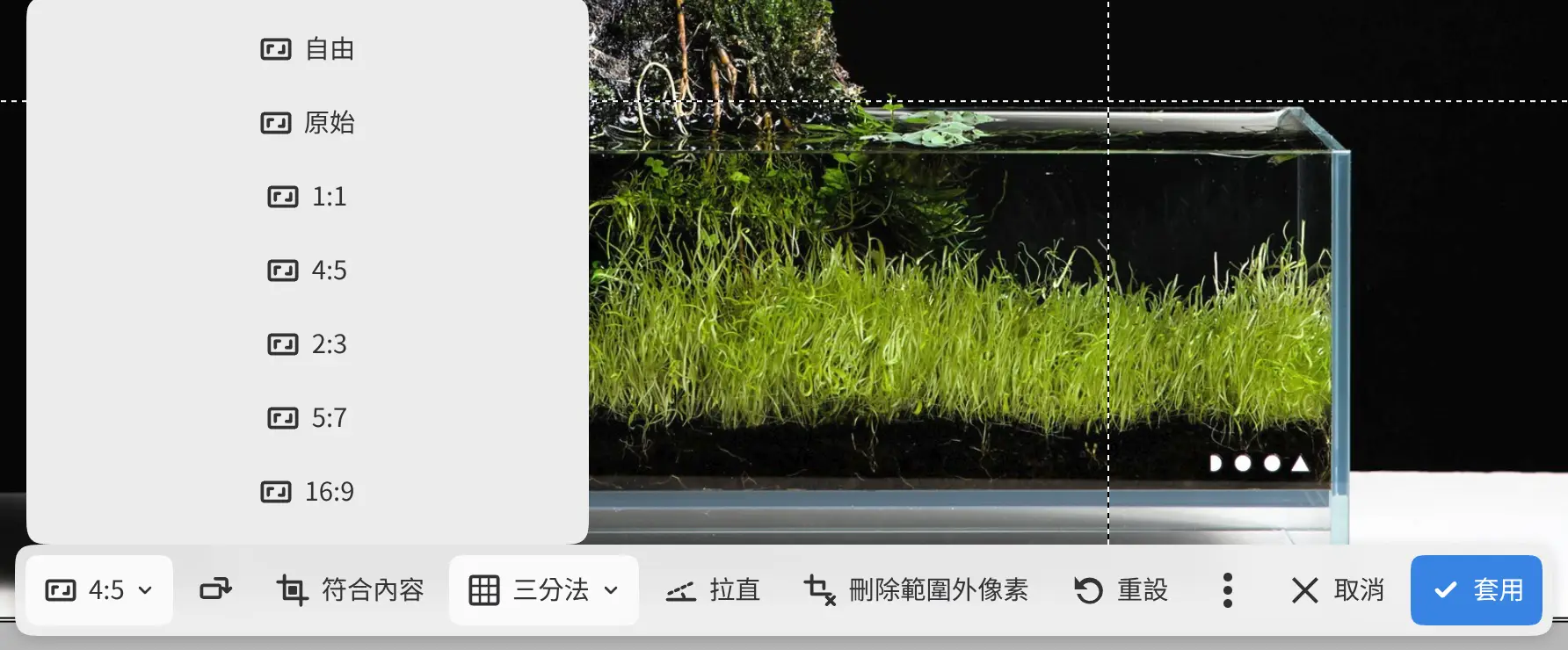 裁切欄,比例選單已開啟。