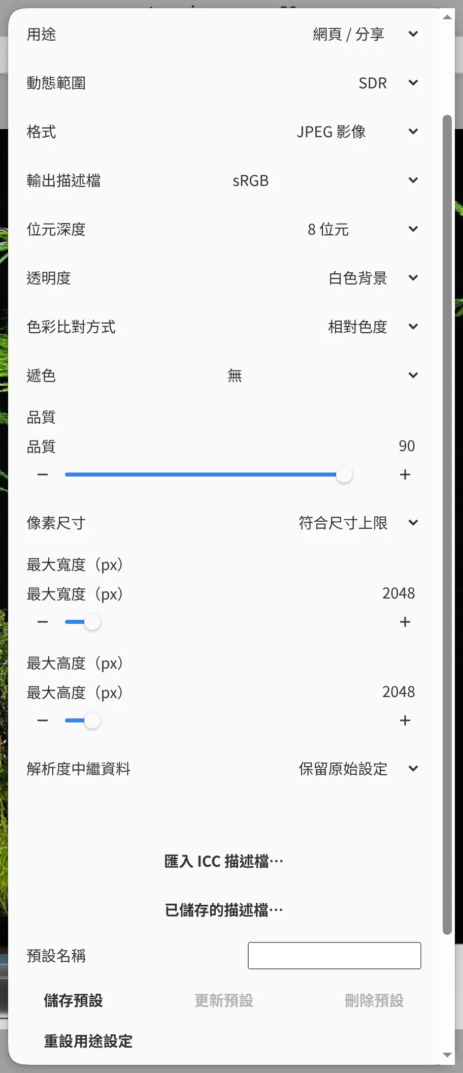 匯出影像對話方塊,設為網頁 / 分享、JPEG 影像、質量 90 和符合尺寸上限。